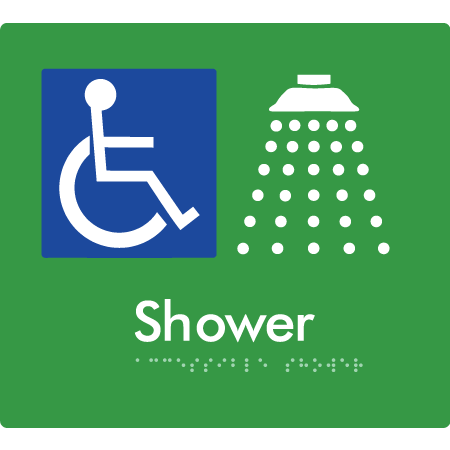 Braille Sign Accessible Shower - Braille Tactile Signs Aust. - BTS67-grn - Custom Signs - Fast Shipping - High Quality - Australian Made &amp; Owned