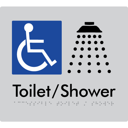 Braille Sign Accessible Toilet & Shower - Braille Tactile Signs Aust. - BTS66-slv - Custom Signs - Fast Shipping - High Quality - Australian Made &amp; Owned