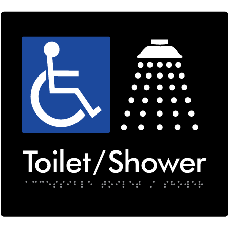 Braille Sign Accessible Toilet & Shower - Braille Tactile Signs Aust. - BTS66-blk - Custom Signs - Fast Shipping - High Quality - Australian Made &amp; Owned