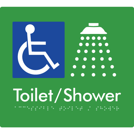 Braille Sign Accessible Toilet & Shower - Braille Tactile Signs Aust. - BTS66-grn - Custom Signs - Fast Shipping - High Quality - Australian Made &amp; Owned