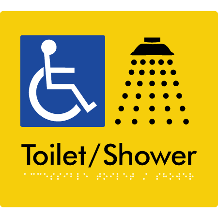 Braille Sign Accessible Toilet & Shower - Braille Tactile Signs Aust. - BTS66-yel - Custom Signs - Fast Shipping - High Quality - Australian Made &amp; Owned