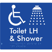Braille Sign Accessible Toilet & Shower LH / RH - Braille Tactile Signs Aust. - BTS368LH-blu - Custom Signs - Fast Shipping - High Quality - Australian Made &amp; Owned