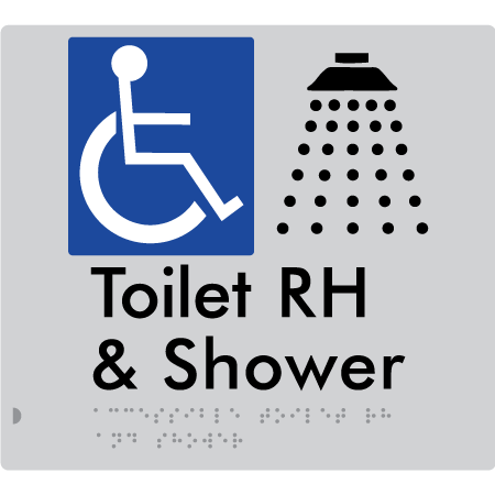 Braille Sign Accessible Toilet & Shower LH / RH - Braille Tactile Signs Aust. - BTS368RH-slv - Custom Signs - Fast Shipping - High Quality - Australian Made &amp; Owned