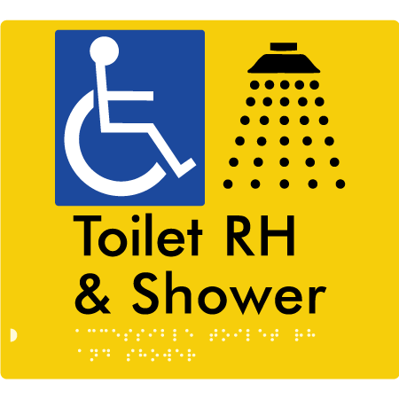 Braille Sign Accessible Toilet & Shower LH / RH - Braille Tactile Signs Aust. - BTS368RH-yel - Custom Signs - Fast Shipping - High Quality - Australian Made &amp; Owned