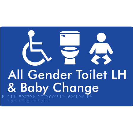 Braille Sign All Gender Accessible Toilet LH / RH & Baby Change - Braille Tactile Signs Aust. - BTS380LH-blu - Custom Signs - Fast Shipping - High Quality - Australian Made &amp; Owned