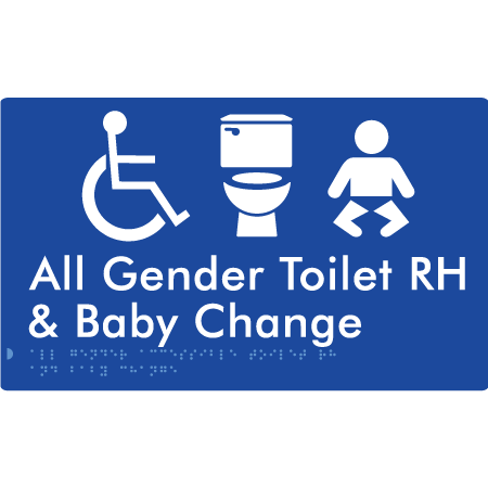 Braille Sign All Gender Accessible Toilet LH / RH & Baby Change - Braille Tactile Signs Aust. - BTS380RH-blu - Custom Signs - Fast Shipping - High Quality - Australian Made &amp; Owned