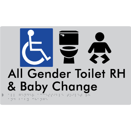 Braille Sign All Gender Accessible Toilet LH / RH & Baby Change - Braille Tactile Signs Aust. - BTS380RH-slv - Custom Signs - Fast Shipping - High Quality - Australian Made &amp; Owned