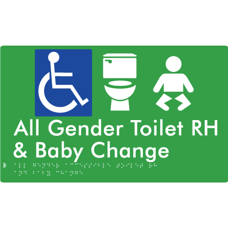 Braille Sign All Gender Accessible Toilet LH / RH & Baby Change - Braille Tactile Signs Aust. - BTS380RH-grn - Custom Signs - Fast Shipping - High Quality - Australian Made &amp; Owned