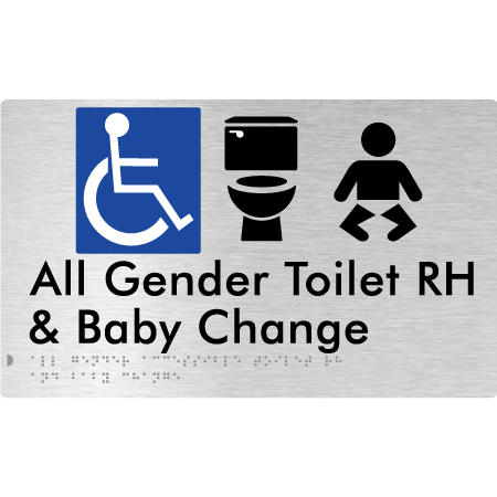 Braille Sign All Gender Accessible Toilet LH / RH & Baby Change - Braille Tactile Signs Aust. - BTS380RH-aliB - Custom Signs - Fast Shipping - High Quality - Australian Made &amp; Owned