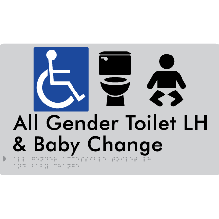 Braille Sign All Gender Accessible Toilet LH / RH & Baby Change - Braille Tactile Signs Aust. - BTS380LH-slv - Custom Signs - Fast Shipping - High Quality - Australian Made &amp; Owned