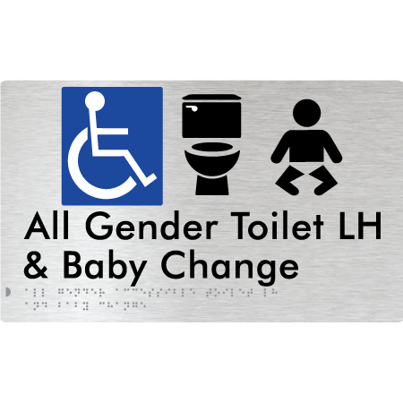 Braille Sign All Gender Accessible Toilet LH / RH & Baby Change - Braille Tactile Signs Aust. - BTS380LH-aliB - Custom Signs - Fast Shipping - High Quality - Australian Made &amp; Owned