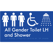 Braille Sign All Gender Accessible Toilet LH / RH & Shower - Braille Tactile Signs Aust. - BTS349LH-blu - Custom Signs - Fast Shipping - High Quality - Australian Made &amp; Owned