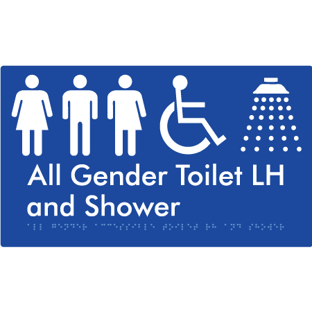Braille Sign All Gender Accessible Toilet LH / RH & Shower - Braille Tactile Signs Aust. - BTS349LH-blu - Custom Signs - Fast Shipping - High Quality - Australian Made &amp; Owned