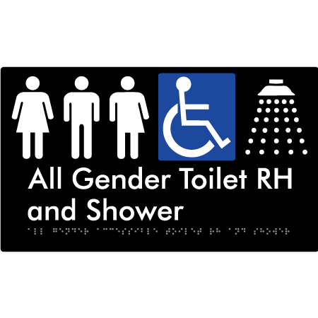 Braille Sign All Gender Accessible Toilet LH / RH & Shower - Braille Tactile Signs Aust. - BTS349RH-blk - Custom Signs - Fast Shipping - High Quality - Australian Made &amp; Owned