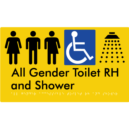 Braille Sign All Gender Accessible Toilet LH / RH & Shower - Braille Tactile Signs Aust. - BTS349RH-yel - Custom Signs - Fast Shipping - High Quality - Australian Made &amp; Owned