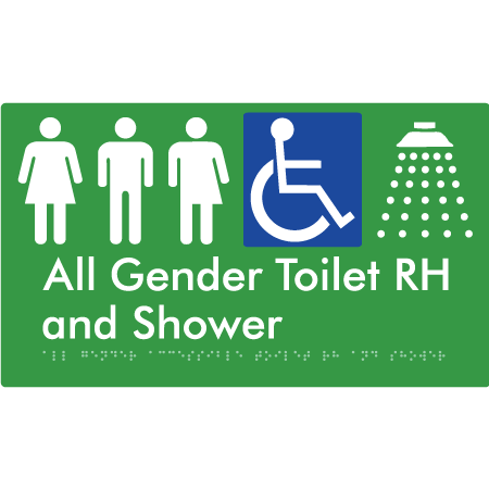 Braille Sign All Gender Accessible Toilet LH / RH & Shower - Braille Tactile Signs Aust. - BTS349RH-grn - Custom Signs - Fast Shipping - High Quality - Australian Made &amp; Owned