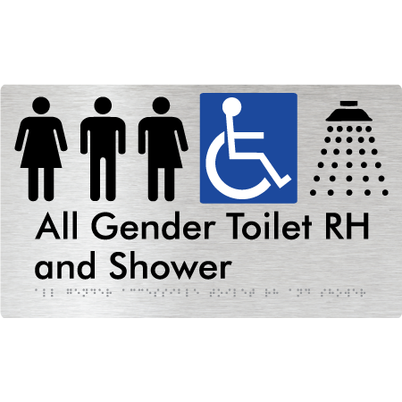 Braille Sign All Gender Accessible Toilet LH / RH & Shower - Braille Tactile Signs Aust. - BTS349RH-aliB - Custom Signs - Fast Shipping - High Quality - Australian Made &amp; Owned