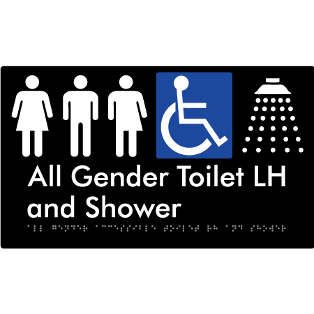 Braille Sign All Gender Accessible Toilet LH / RH & Shower - Braille Tactile Signs Aust. - BTS349LH-blk - Custom Signs - Fast Shipping - High Quality - Australian Made &amp; Owned