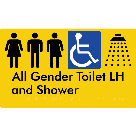 Braille Sign All Gender Accessible Toilet LH / RH & Shower - Braille Tactile Signs Aust. - BTS349LH-yel - Custom Signs - Fast Shipping - High Quality - Australian Made &amp; Owned