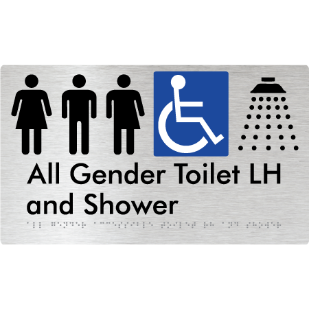 Braille Sign All Gender Accessible Toilet LH / RH & Shower - Braille Tactile Signs Aust. - BTS349LH-aliB - Custom Signs - Fast Shipping - High Quality - Australian Made &amp; Owned