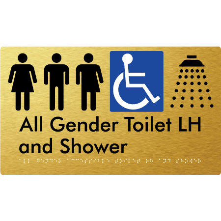 Braille Sign All Gender Accessible Toilet LH / RH & Shower - Braille Tactile Signs Aust. - BTS349LH-aliG - Custom Signs - Fast Shipping - High Quality - Australian Made &amp; Owned