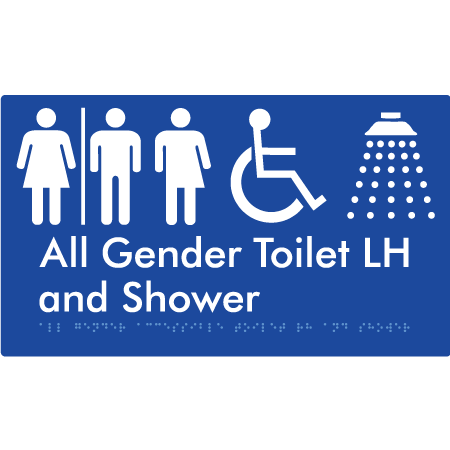 Braille Sign All Gender Accessible Toilet LH / RH & Shower with Air Lock - Braille Tactile Signs Aust. - BTS349LH-AL-blu - Custom Signs - Fast Shipping - High Quality - Australian Made &amp; Owned