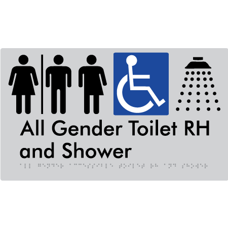 Braille Sign All Gender Accessible Toilet LH / RH & Shower with Air Lock - Braille Tactile Signs Aust. - BTS349RH-AL-slv - Custom Signs - Fast Shipping - High Quality - Australian Made &amp; Owned