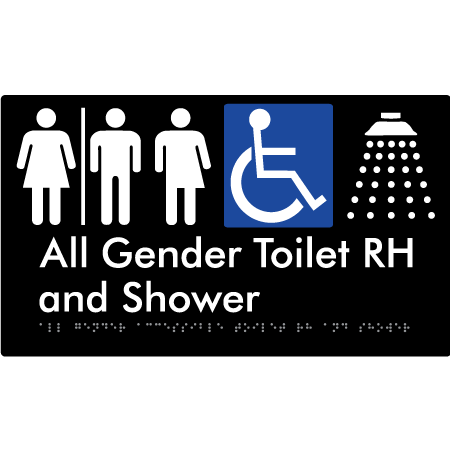 Braille Sign All Gender Accessible Toilet LH / RH & Shower with Air Lock - Braille Tactile Signs Aust. - BTS349RH-AL-blk - Custom Signs - Fast Shipping - High Quality - Australian Made &amp; Owned