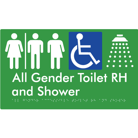 Braille Sign All Gender Accessible Toilet LH / RH & Shower with Air Lock - Braille Tactile Signs Aust. - BTS349RH-AL-grn - Custom Signs - Fast Shipping - High Quality - Australian Made &amp; Owned