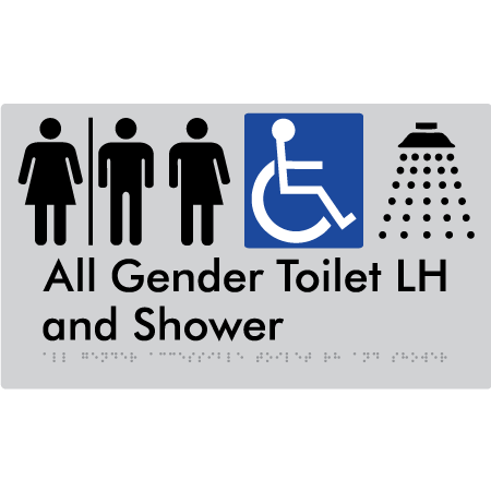 Braille Sign All Gender Accessible Toilet LH / RH & Shower with Air Lock - Braille Tactile Signs Aust. - BTS349LH-AL-slv - Custom Signs - Fast Shipping - High Quality - Australian Made &amp; Owned