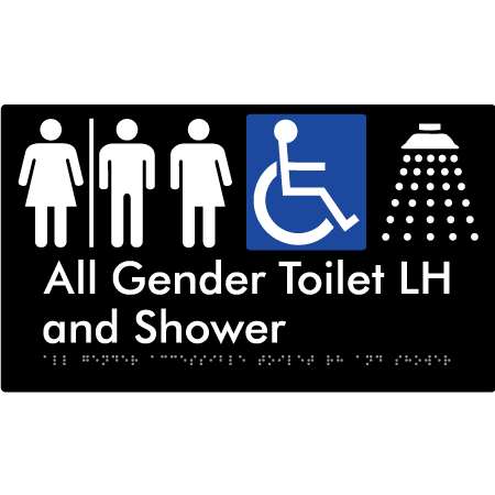 Braille Sign All Gender Accessible Toilet LH / RH & Shower with Air Lock - Braille Tactile Signs Aust. - BTS349LH-AL-blk - Custom Signs - Fast Shipping - High Quality - Australian Made &amp; Owned