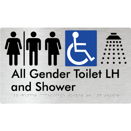 Braille Sign All Gender Accessible Toilet LH / RH & Shower with Air Lock - Braille Tactile Signs Aust. - BTS349LH-AL-aliB - Custom Signs - Fast Shipping - High Quality - Australian Made &amp; Owned