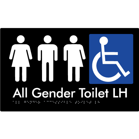 Braille Sign All Gender Accessible Toilet LH / RH - Braille Tactile Signs Aust. - BTS348LH-blk - Custom Signs - Fast Shipping - High Quality - Australian Made &amp; Owned