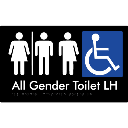 Braille Sign All Gender Accessible Toilet LH / RH with Air Lock - Braille Tactile Signs Aust. - BTS348LH-AL-blk - Custom Signs - Fast Shipping - High Quality - Australian Made &amp; Owned