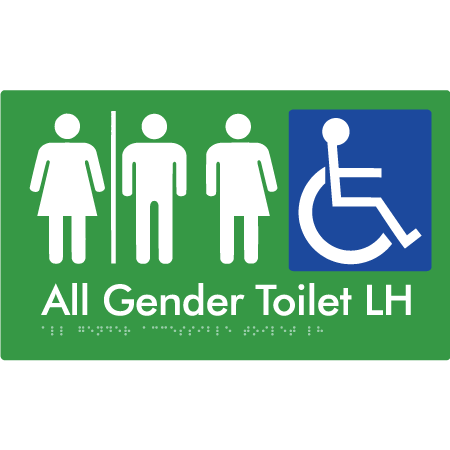 Braille Sign All Gender Accessible Toilet LH / RH with Air Lock - Braille Tactile Signs Aust. - BTS348LH-AL-grn - Custom Signs - Fast Shipping - High Quality - Australian Made &amp; Owned