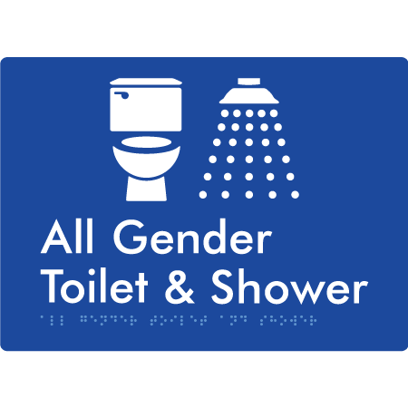 Braille Sign All Gender Toilet & Shower - Braille Tactile Signs Aust. - BTS414-blu - Custom Signs - Fast Shipping - High Quality - Australian Made &amp; Owned