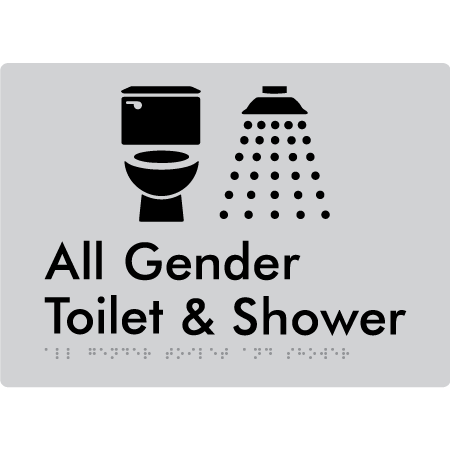 Braille Sign All Gender Toilet & Shower - Braille Tactile Signs Aust. - BTS414-slv - Custom Signs - Fast Shipping - High Quality - Australian Made &amp; Owned