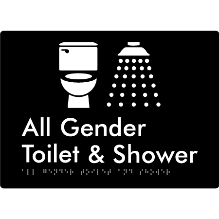 Braille Sign All Gender Toilet & Shower - Braille Tactile Signs Aust. - BTS414-blk - Custom Signs - Fast Shipping - High Quality - Australian Made &amp; Owned