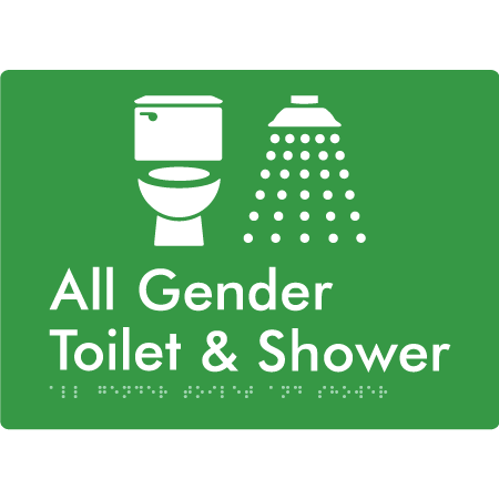 Braille Sign All Gender Toilet & Shower - Braille Tactile Signs Aust. - BTS414-grn - Custom Signs - Fast Shipping - High Quality - Australian Made &amp; Owned