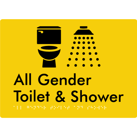 Braille Sign All Gender Toilet & Shower - Braille Tactile Signs Aust. - BTS414-yel - Custom Signs - Fast Shipping - High Quality - Australian Made &amp; Owned