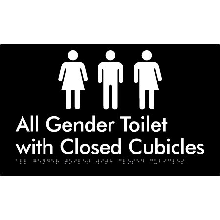 Braille Sign All Gender Toilet with Closed Cubicles - Braille Tactile Signs Aust. - BTS329-blk - Custom Signs - Fast Shipping - High Quality - Australian Made &amp; Owned