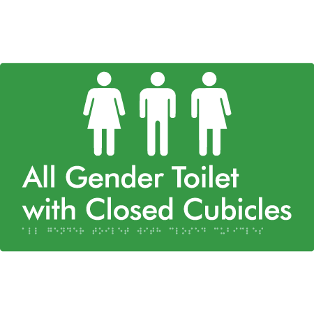 Braille Sign All Gender Toilet with Closed Cubicles - Braille Tactile Signs Aust. - BTS329-grn - Custom Signs - Fast Shipping - High Quality - Australian Made &amp; Owned