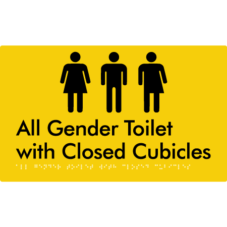 Braille Sign All Gender Toilet with Closed Cubicles - Braille Tactile Signs Aust. - BTS329-yel - Custom Signs - Fast Shipping - High Quality - Australian Made &amp; Owned