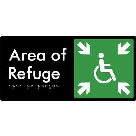 Braille Sign Area of Refuge - Braille Tactile Signs Aust. - BTS447-blk - Custom Signs - Fast Shipping - High Quality - Australian Made &amp; Owned