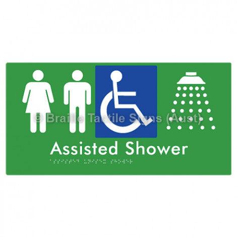 Braille Sign Assisted Unisex Shower - Braille Tactile Signs (Aust) - BTS149-grn - Fully Custom Signs - Fast Shipping - High Quality - Australian Made &amp; Owned