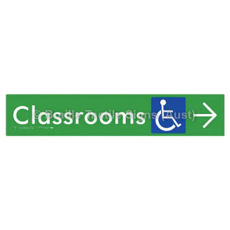 Braille Sign Classrooms Access w/ Large Arrow - Braille Tactile Signs (Aust) - BTS192->R-grn - Fully Custom Signs - Fast Shipping - High Quality - Australian Made &amp; Owned