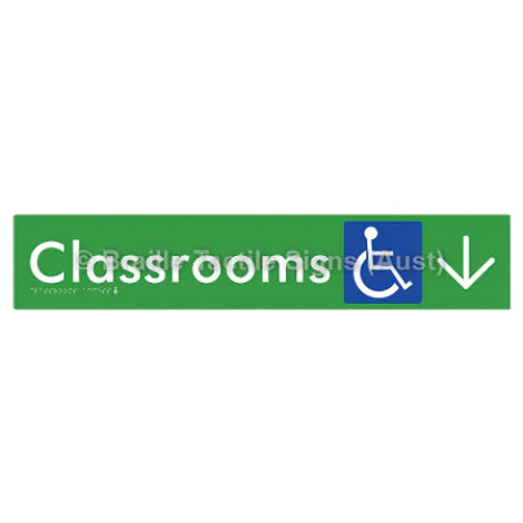 Braille Sign Classrooms Access w/ Large Arrow - Braille Tactile Signs (Aust) - BTS192->D-grn - Fully Custom Signs - Fast Shipping - High Quality - Australian Made &amp; Owned