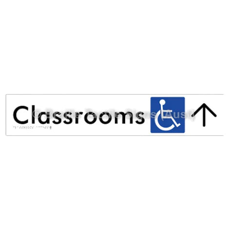 Braille Sign Classrooms Access w/ Large Arrow - Braille Tactile Signs (Aust) - BTS192->U-wht - Fully Custom Signs - Fast Shipping - High Quality - Australian Made &amp; Owned