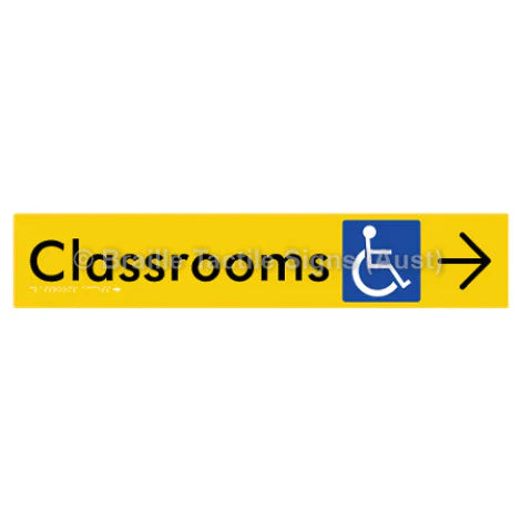 Braille Sign Classrooms Access w/ Large Arrow - Braille Tactile Signs (Aust) - BTS192->R-yel - Fully Custom Signs - Fast Shipping - High Quality - Australian Made &amp; Owned