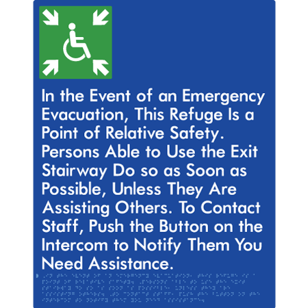 Braille Sign Emergency Evacuation Refuge - Braille Tactile Signs Aust. - BTS448-blu - Custom Signs - Fast Shipping - High Quality - Australian Made &amp; Owned